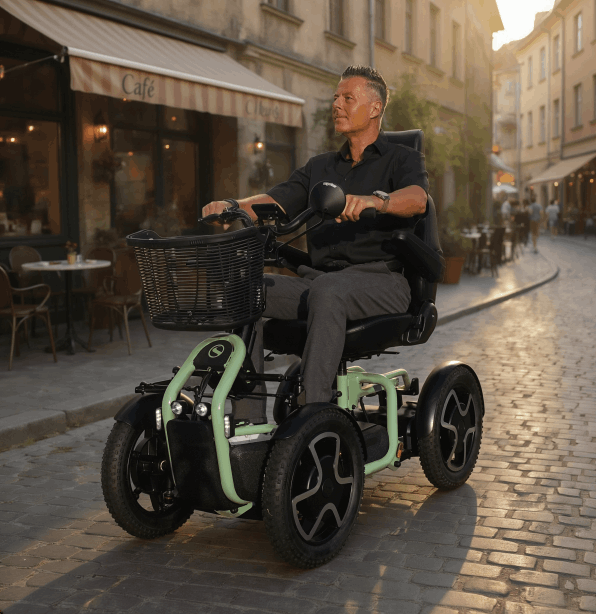 Sterling S800 by Scoozy Premium Elektromobil auf Kopfsteinpflaster